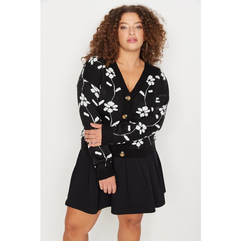 Trendyol Curve Black Floral Patterned Knitwear Cardigan