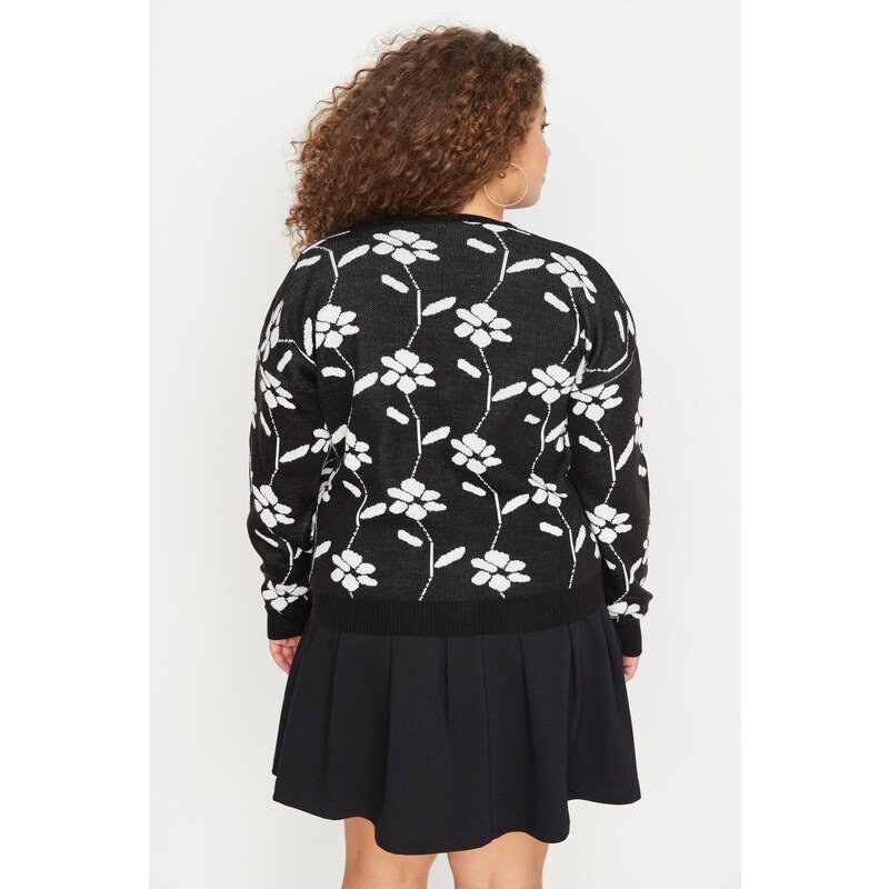 Trendyol Curve Black Floral Patterned Knitwear Cardigan