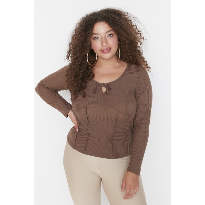 Trendyol Curve Brown U-Neck Lace and Rib Detail Knitted Blouse