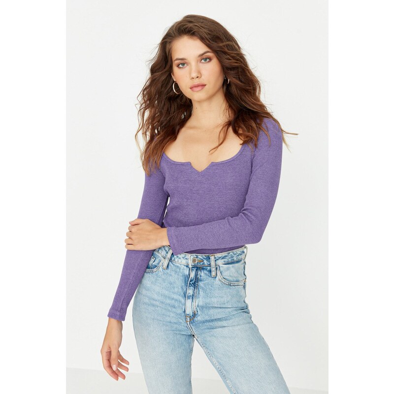 Trendyol Purple V-Neck Detailed Ribbed Snaps Knitted Bodysuit