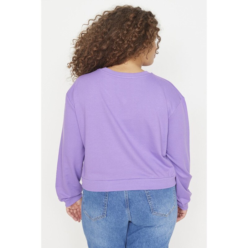 Trendyol Curve Purple Purple V-Neck Printed Thin Knitted Sweatshirt