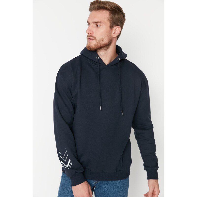Trendyol Navy Relaxed/Casual Fit Text Printed Fleece Sweatshirt