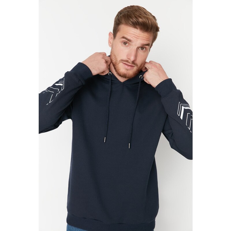 Trendyol Navy Relaxed/Casual Fit Text Printed Fleece Sweatshirt