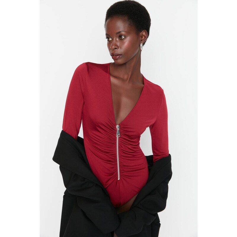 Trendyol Burgundy Zip Detailed V-Neck Body