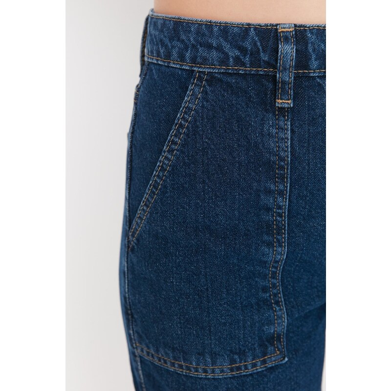 Trendyol tmavě modré džíny s vysokým pasem a širokými nohavicemi s cargo kapsou