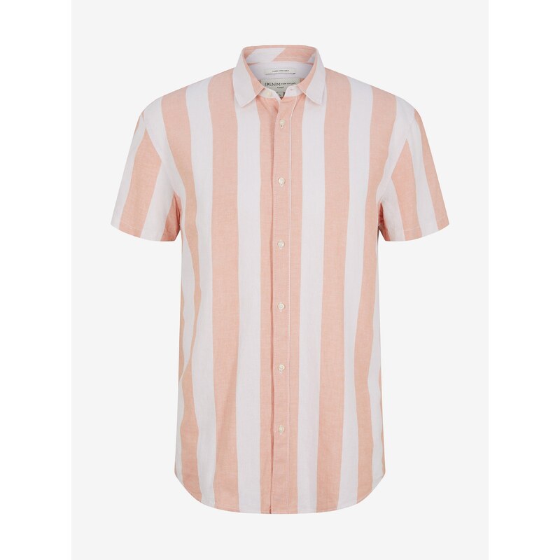 Krémovo-meruňková pánská pruhovaná lněná košile Tom Tailor Denim - Pánské
