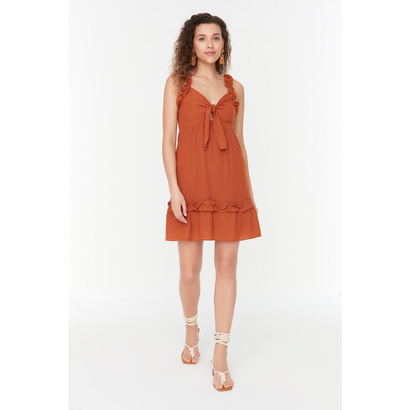 Trendyol Camel Tie Detailní tkané šaty