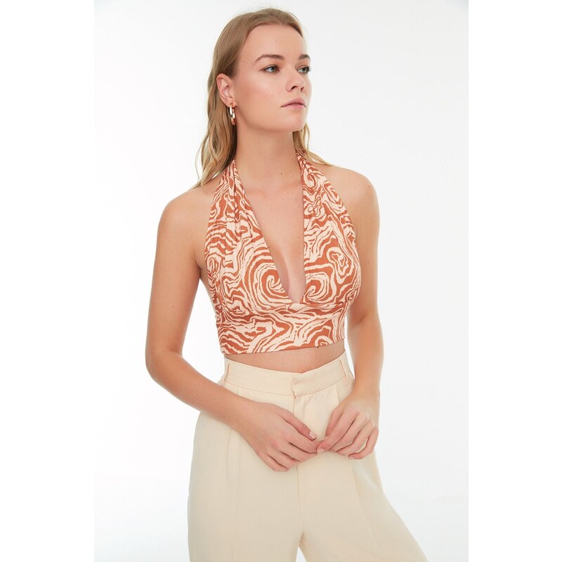 Trendyol oranžová halter top halenka s potiskem, přiléhavá,