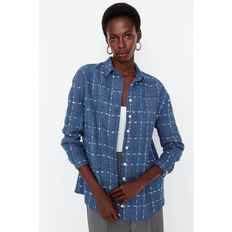 Trendyol Blue Woven Basic Tweed Checked Shirt