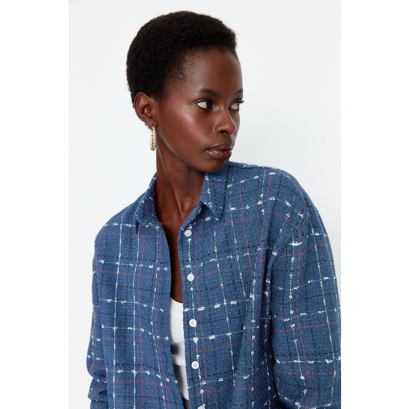 Trendyol Blue Woven Basic Tweed Checked Shirt