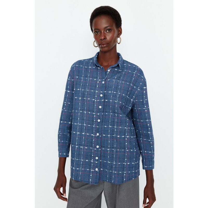 Trendyol Blue Woven Basic Tweed Checked Shirt