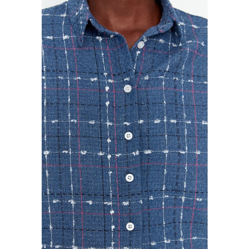 Trendyol Blue Woven Basic Tweed Checked Shirt