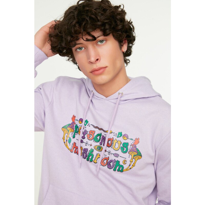 Trendyol Lilac Men's Regular/Normal Fit Hooded Text Printed Sweatshirt