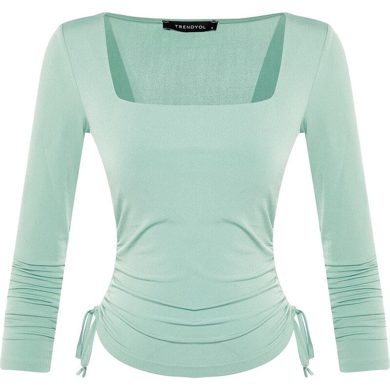 Trendyol Dark Mint Square Collar Shirred Knitted Blouse