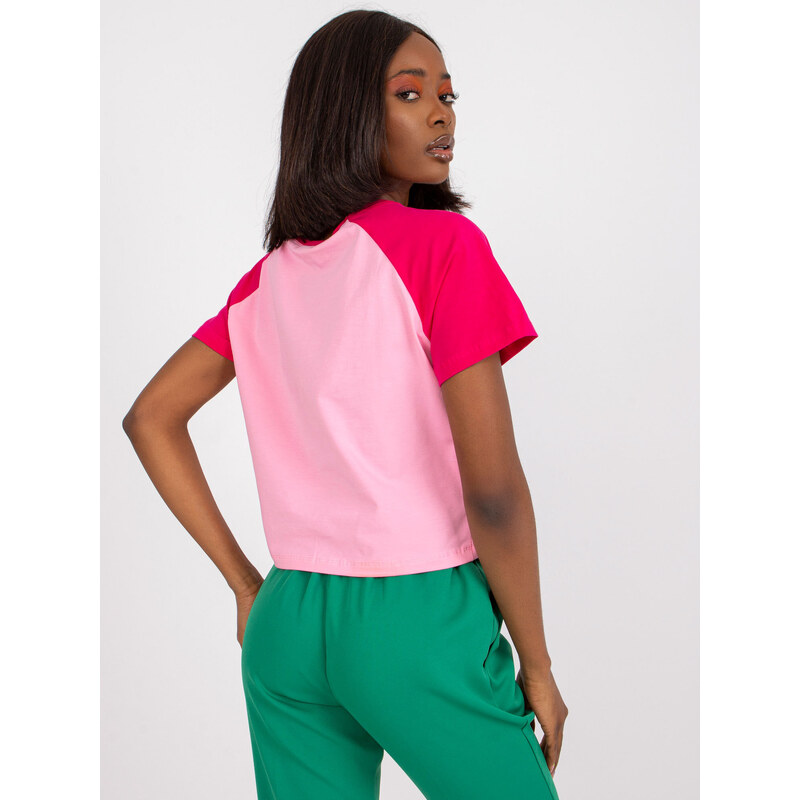 Fashionhunters Růžové a fuchsiové krátké bavlněné tričko s nápisem
