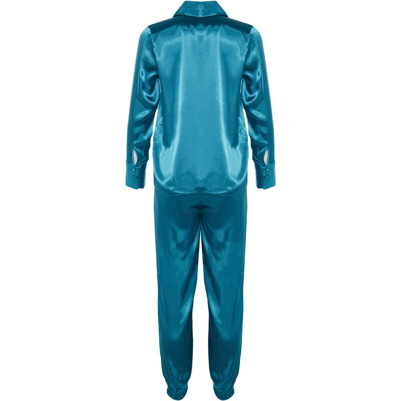 Trendyol Blue Elastic Leg Satin Woven Pajamas Set