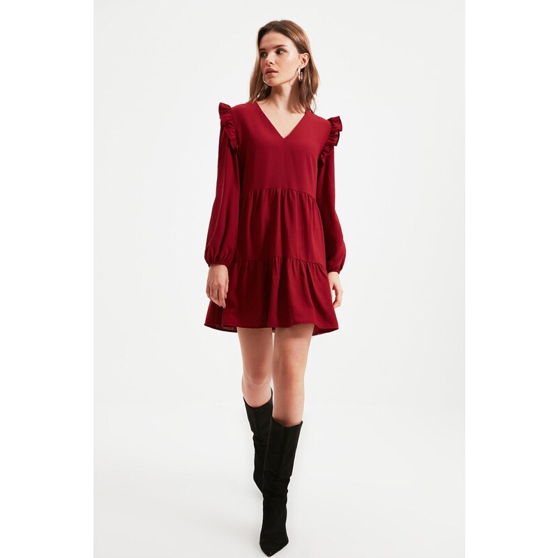 Trendyol Burgundy Petite Mini tkané nabírané šaty