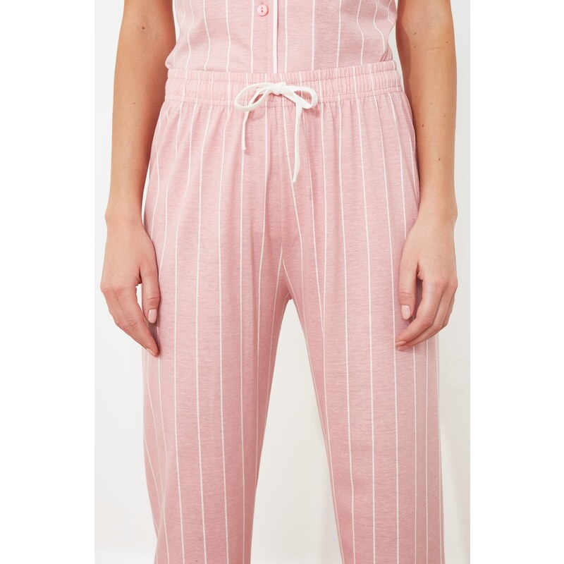 Trendyol Pink Cotton Striped Piping Detailed Sleep Tape Knitted Pajamas Set