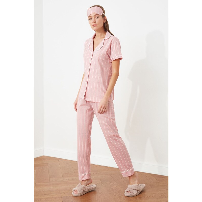 Trendyol Pink Cotton Striped Piping Detailed Sleep Tape Knitted Pajamas Set