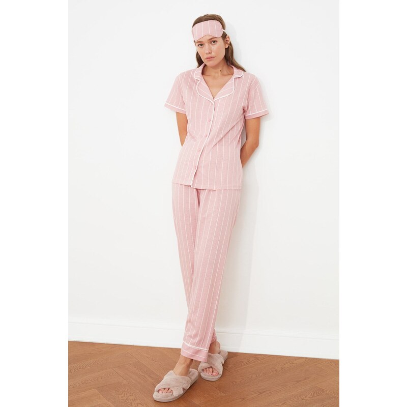 Trendyol Pink Cotton Striped Piping Detailed Sleep Tape Knitted Pajamas Set