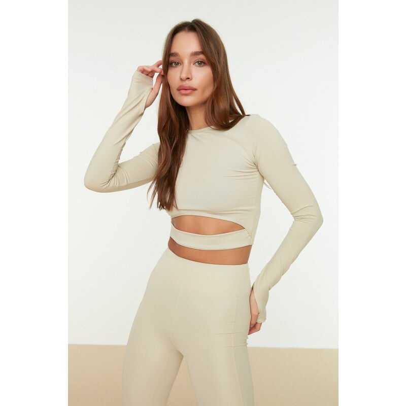 Trendyol Stone Crop Window/Cut Out and Thumb Hole Detailed Knitted Sports Top/Blouse