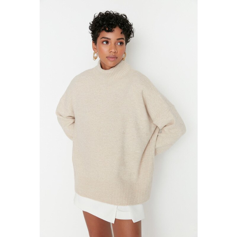 Trendyol Stone Wide Fit Měkký texturovaný pletený svetr s vysokým výstřihem