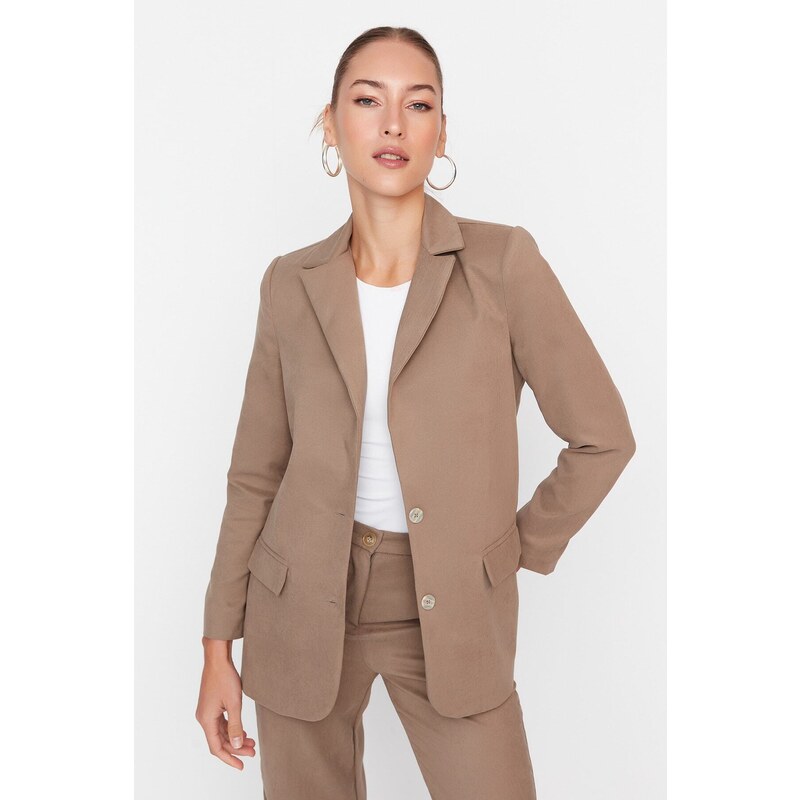 Trendyol Khaki Suede Woven Buttoned Blazer Jacket