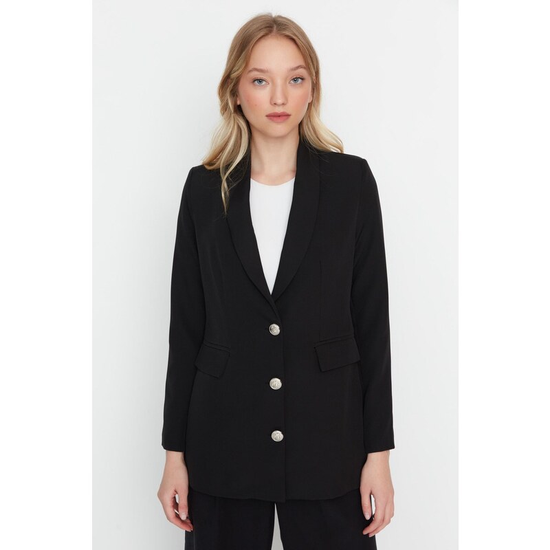 Trendyol Black Woven Lined Double Breasted Closeup Blazer Jacket