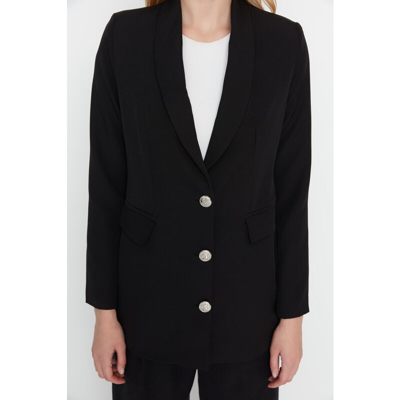 Trendyol Black Woven Lined Double Breasted Closeup Blazer Jacket