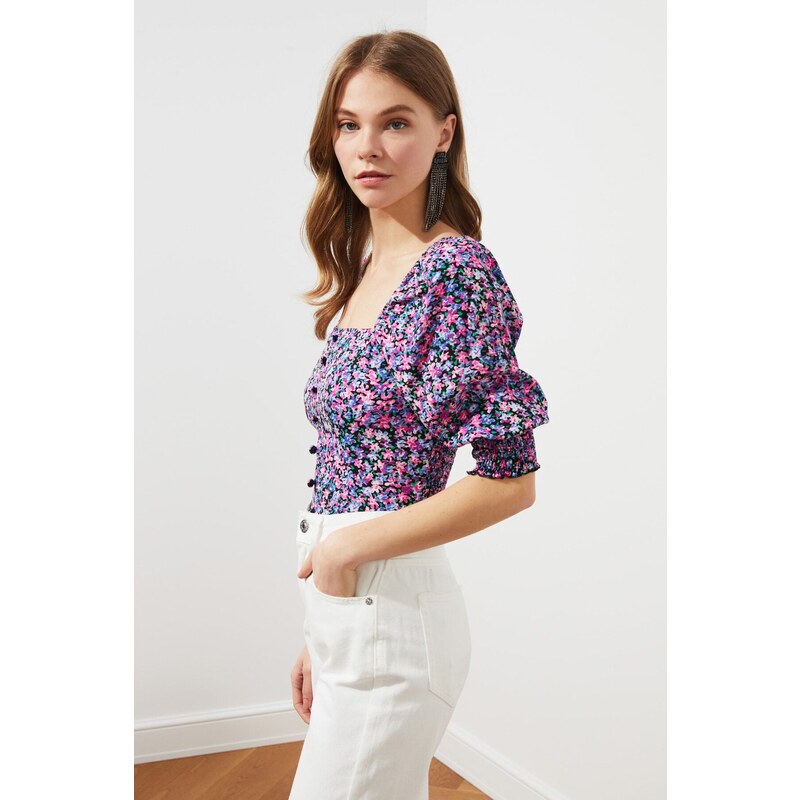 Trendyol Multi Color Crop Woven Square Neck Floral Pattern Blouse