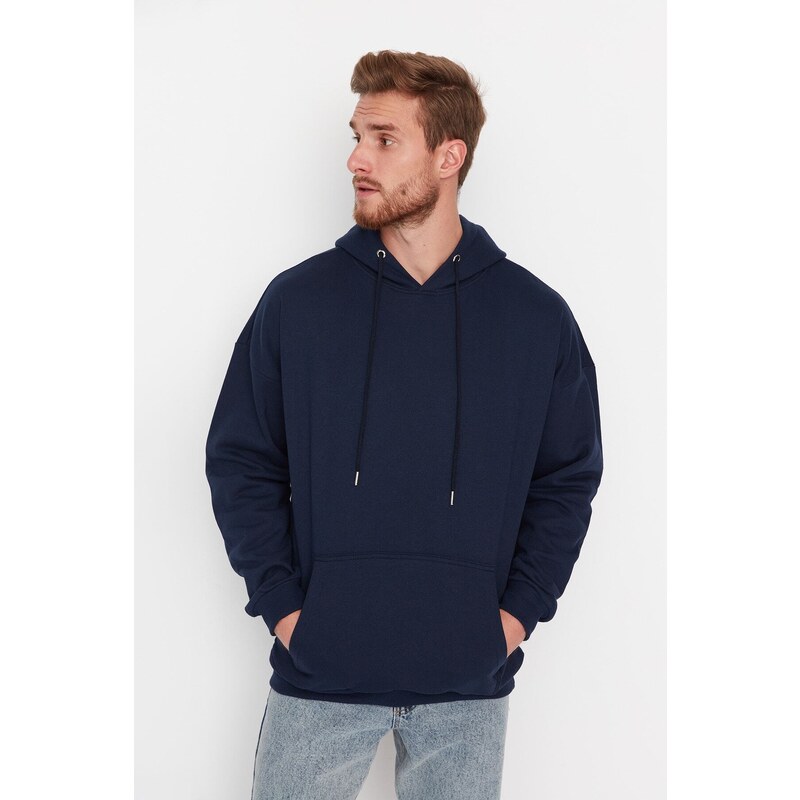 Trendyol Navy Blue Oversize/Wide-Fit Space Printed Fleece Cotton Sweatshirt