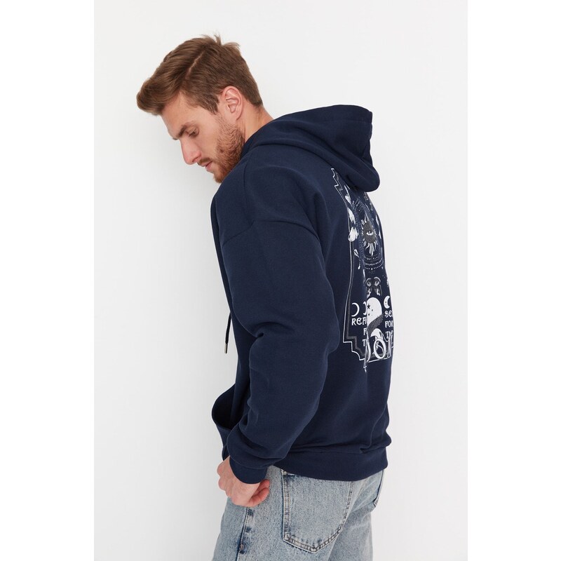Trendyol Navy Blue Oversize/Wide-Fit Space Printed Fleece Cotton Sweatshirt