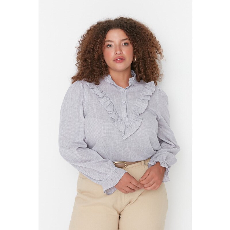 Trendyol Curve Gray Color Woven Blouse with Ruffle Detail on the Collar