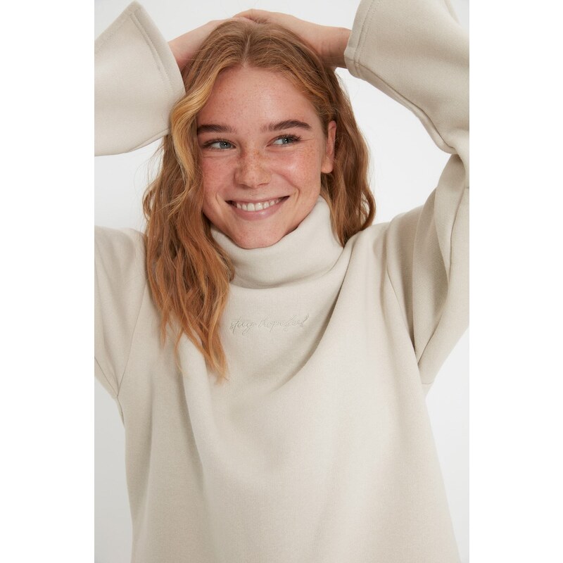 Trendyol Beige Thick Knitted Sweatshirt with Fleece Inside