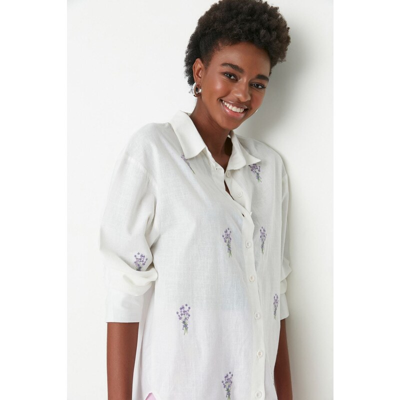 Trendyol Ecru Embroidered Oversize Woven Shirt