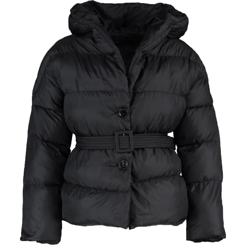 Trendyol Černý oversized nadýchaný kabát s kapucí s podpáskem