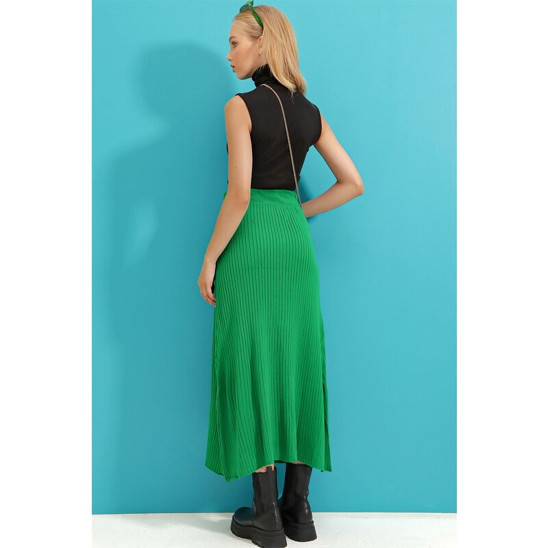 Trend Alaçatı Stili Women's Green Button Detailed Knitwear Skirt