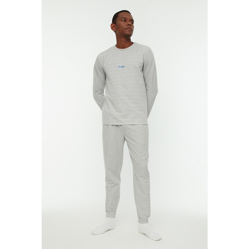 Trendyol Gray Regular Fit Printed Knitted Pajamas Set
