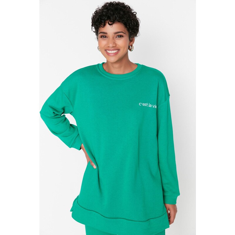 Trendyol Green Embroidered Crew Neck Basic Knitted Tracksuit Set