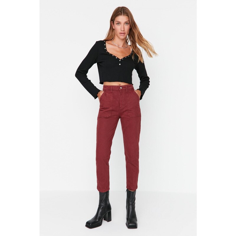 Trendyol Claret Red High Waist Mom Jeans with Pockets