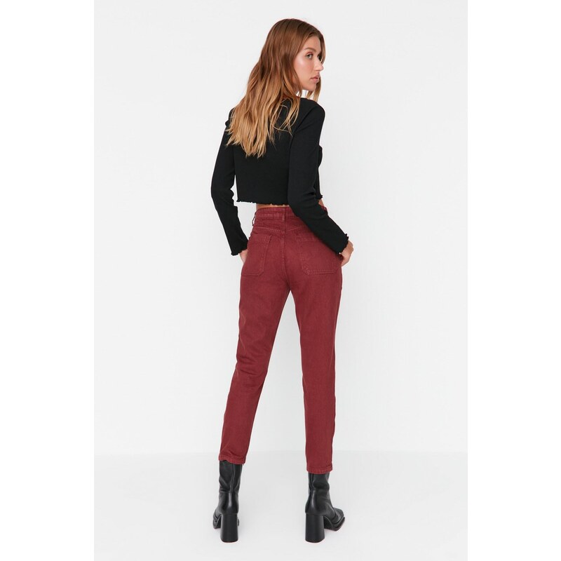 Trendyol Claret Red High Waist Mom Jeans with Pockets