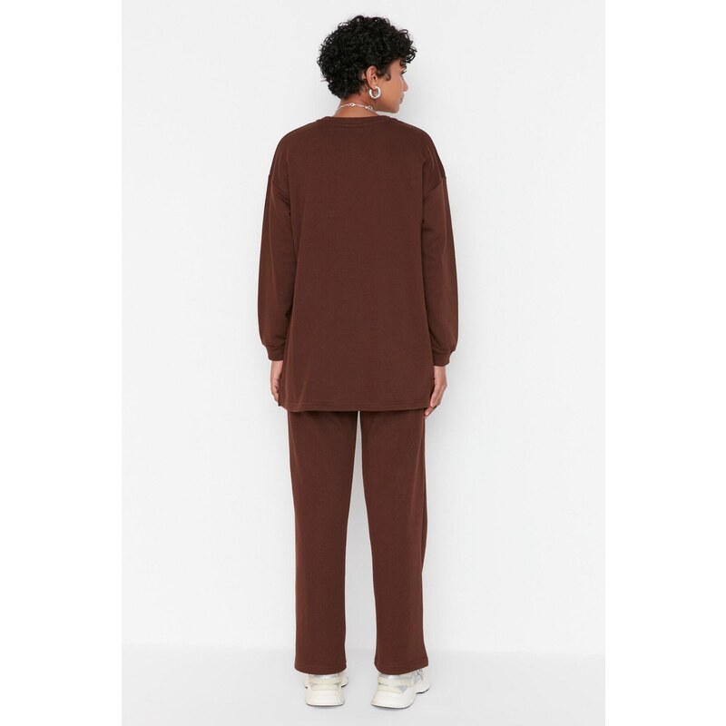 Trendyol Brown Crew Neck Basic Knitted Tracksuit Set