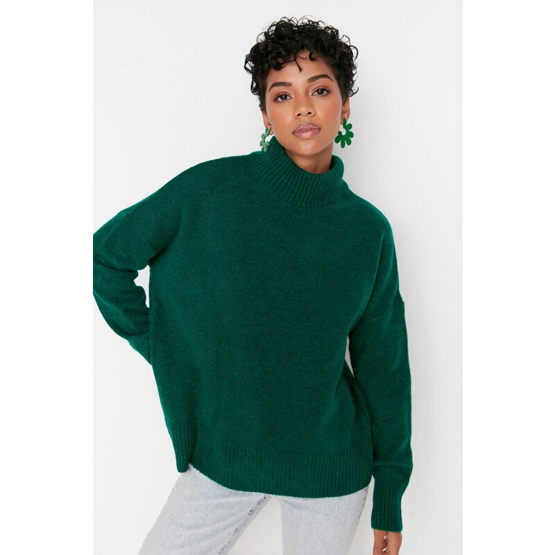 Trendyol Emerald Green Wide Fit Měkký texturovaný pletený svetr s vysokým výstřihem