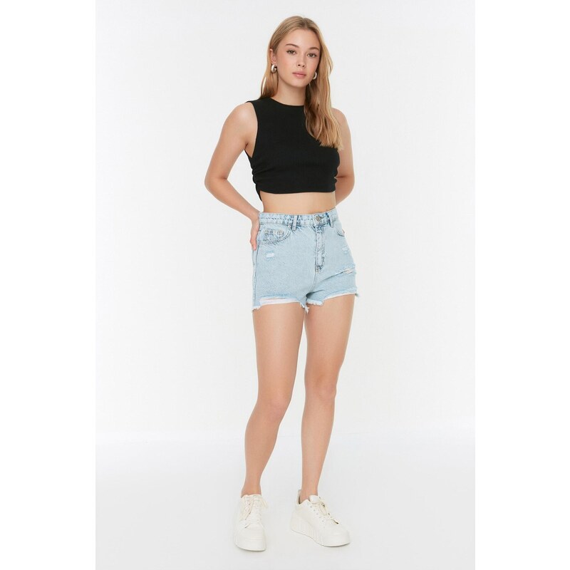 Trendyol Light Blue Ripped Denim Shorts