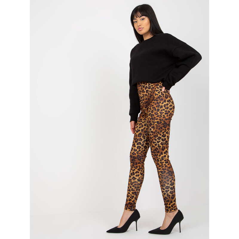 Fashionhunters Tmavě béžové a černé ležérní legíny s leopardím vzorem