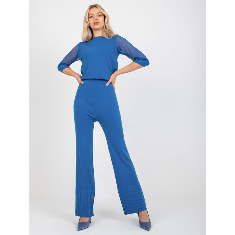 Fashionhunters Tmavě modré úpletové kalhoty se širokou nohavicí