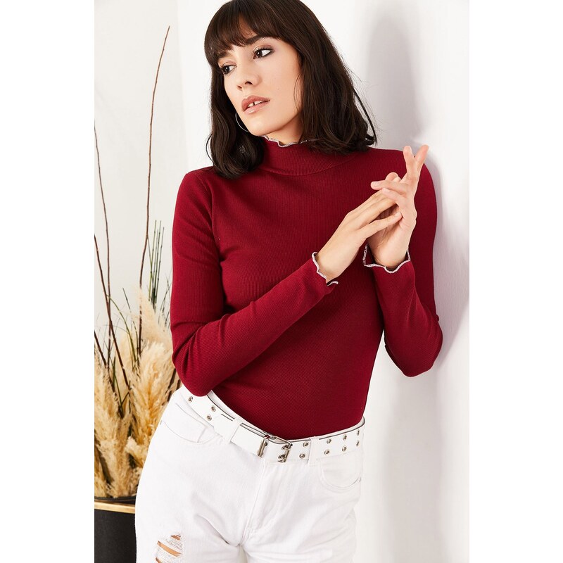 Olalook Women's Burgundy Collar and Sleeve Detailed Camisole Blouse