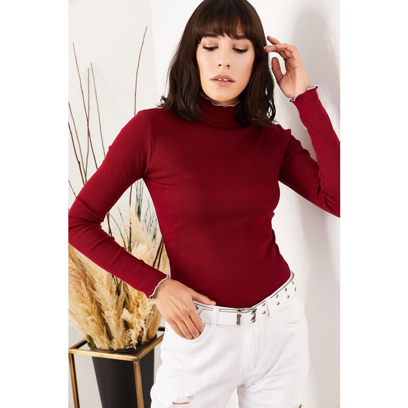 Olalook Women's Claret Red Collar And Sleeve Detailed Camisole Blouse