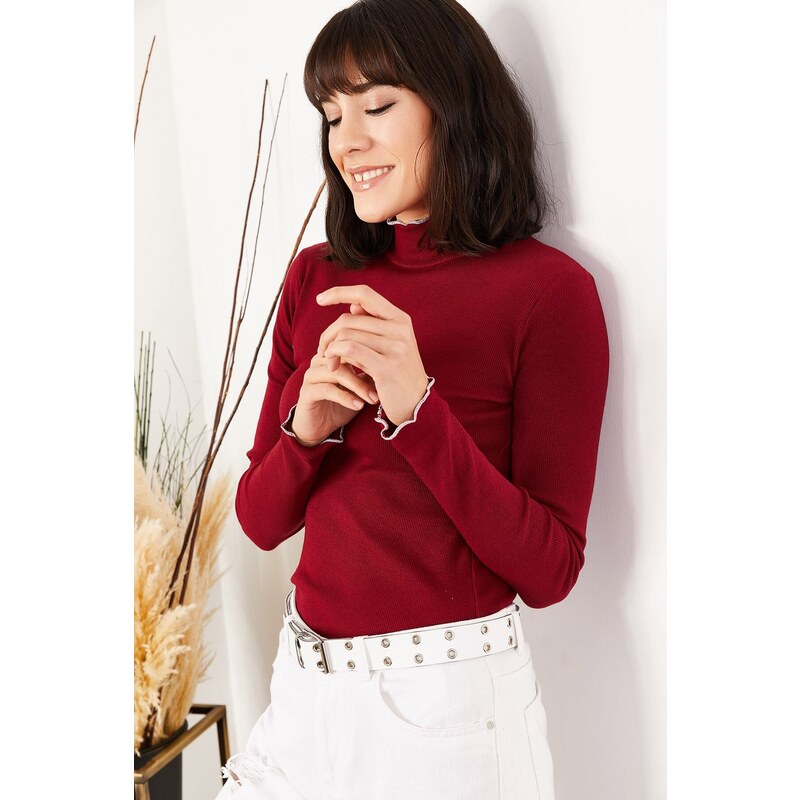 Olalook Women's Claret Red Collar And Sleeve Detailed Camisole Blouse