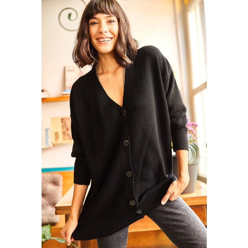 Olalook Dámský černý 5 knoflíků Měkký texturovaný oversize úplet Cardigan